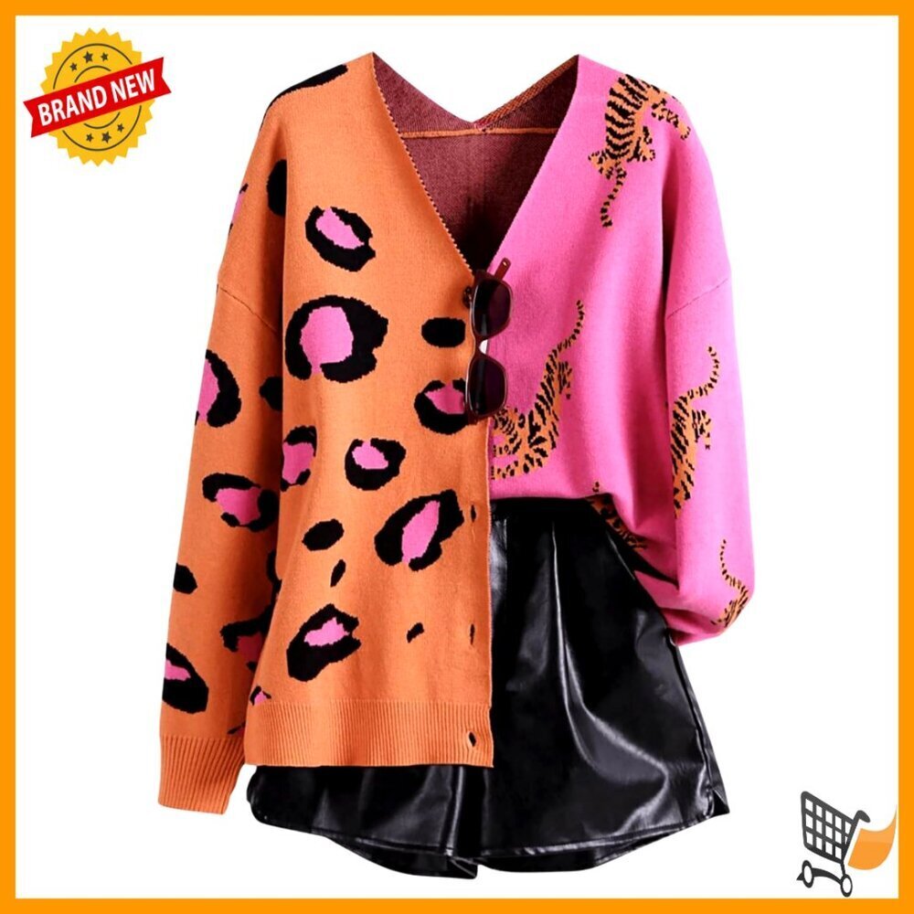 Button Down Cardigan Sweater Coat V Neck Animal Print Color Block Chic